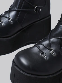 DareSee 女士时尚坡跟厚底马丁靴，系带，黑色，欧美风格冬季礼物音乐节 - 黑色 - 查看 6