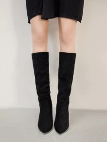 搭配紧身裤的理想之选，女士时尚尖头褶皱高跟靴，圣诞节冬季圣诞礼物 - 黑色 - 查看 7