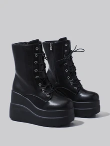 DareSee Women's Platform Boots, New 2025 Spring Autumn Fashion Lace-Up Zipper Ankle Boots With Increased Height Winter Gifts - Black - View 3