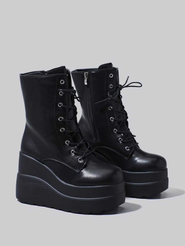 DareSee Women's Platform Boots, New 2025 Spring Autumn Fashion Lace-Up Zipper Ankle Boots With Increased Height Winter Gifts - Black - View 3