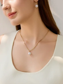 Juego de 3 piezas de collar y aretes de perlas falsas simples, adecuado para uso diario, festivales y fiestas de las mujeres. Regalo de Navidad y invierno - Amarillo Oro - Ver 9