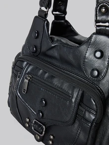 DareSee 女士大容量复古单肩包，采用柔软皮革材质，多口袋设计，水洗褶皱工艺，独特铆钉装饰，多功能手提包款式，适合机车女孩、摇滚风格女性，也是冬季音乐节的吸睛工作包之选。 - 黑色 - 查看 6