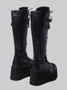 DareSee 女士时尚坡跟厚底马丁靴，系带，黑色，欧美风格冬季礼物音乐节 - 黑色 - 查看 4