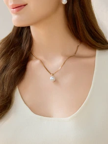 Juego de 3 piezas de collar y aretes de perlas falsas simples, adecuado para uso diario, festivales y fiestas de las mujeres. Regalo de Navidad y invierno - Amarillo Oro - Ver 8