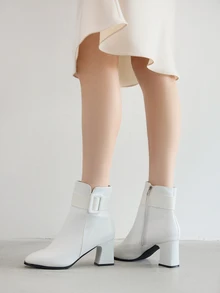 女士粗跟踝靴，时尚法式高跟短靴，黑白配色，2024秋冬圣诞节礼物 - 白色 - 查看 6