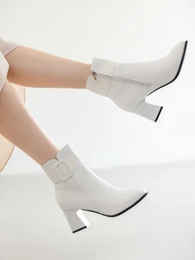 女士粗跟踝靴，时尚法式高跟短靴，黑白配色，2024秋冬圣诞节礼物 - 白色 - 查看 2