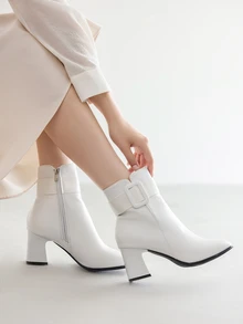 女士粗跟踝靴，时尚法式高跟短靴，黑白配色，2024秋冬圣诞节礼物 - 白色 - 查看 1
