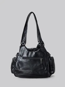 DareSee 女士大容量复古单肩包，采用柔软皮革材质，多口袋设计，水洗褶皱工艺，独特铆钉装饰，多功能手提包款式，适合机车女孩、摇滚风格女性，也是冬季音乐节的吸睛工作包之选。 - 黑色 - 查看 2