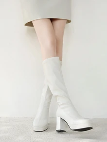 女士纯白色防水厚底高跟弹力套穿踝靴，时尚百搭，适合秋冬季节，亦可作为冬季圣诞礼物 - 白色 - 查看 3
