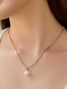 Juego de 3 piezas de collar y aretes de perlas falsas simples, adecuado para uso diario, festivales y fiestas de las mujeres. Regalo de Navidad y invierno - Amarillo Oro - Ver 7