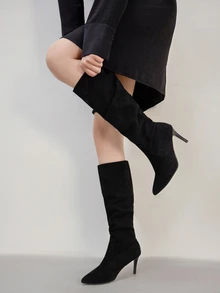 搭配紧身裤的理想之选，女士时尚尖头褶皱高跟靴，圣诞节冬季圣诞礼物 - 黑色 - 查看 5