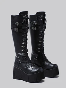 DareSee 女士时尚坡跟厚底马丁靴，系带，黑色，欧美风格冬季礼物音乐节 - 黑色 - 查看 3