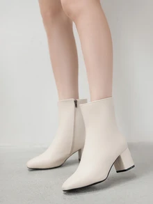 完美搭配女士冬季服装，法式优雅高跟踝靴，皮革鞋面，粗跟设计，2024秋冬新款时尚工装靴，圣诞节冬季礼物之选。