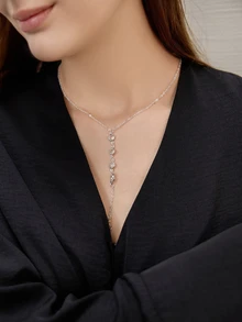 1 pieza Collar en forma de Y con cristales de moda y sexy plateado para mujeres, collar largo y brillante plateado glamoroso para chicas, joyería elegante para fiestas para mujeres, ideal para usar en la playa, de vacaciones y viajes, collar para mujeres adecuado para uso en fiestas y como regalo para mamá, regalo de Navidad - Collar largo de diamantes en forma de Y-Plata - Ver 2
