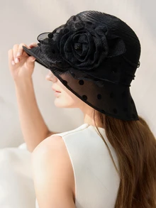 1pc Women's Fashion Sun Hat, Summer Straw Hat, Wide Brim Beach Hat, French Lady Hat, Elegant Gift Hat, 2025 New Collection Winter Gifts - Black - View 6