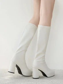 女士纯白色防水厚底高跟弹力套穿踝靴，时尚百搭，适合秋冬季节，亦可作为冬季圣诞礼物 - 白色 - 查看 7