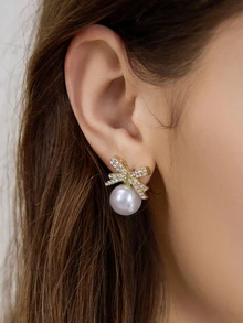 水钻蝴蝶结和仿珍珠设计耳钉 圣诞节 冬季圣诞礼物 - 彩色 - 查看 2