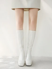 女士纯白色防水厚底高跟弹力套穿踝靴，时尚百搭，适合秋冬季节，亦可作为冬季圣诞礼物 - 白色 - 查看 5