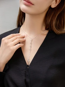 1 pieza Collar en forma de Y con cristales de moda y sexy plateado para mujeres, collar largo y brillante plateado glamoroso para chicas, joyería elegante para fiestas para mujeres, ideal para usar en la playa, de vacaciones y viajes, collar para mujeres adecuado para uso en fiestas y como regalo para mamá, regalo de Navidad - Collar largo de diamantes en forma de Y-Plata - Ver 5
