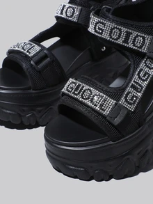 DareSee Sommer neue Mode Strass Damen Plateau High Heel Schwarze Sandalen, atmungsaktiver Mesh-Stoff vielseitig leicht wasserdicht Keilabsatz Offene Zehe Klettverschluss Sandalen Weihnachtsgeschenke