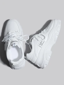 DareSee 女士厚底透气小白运动鞋，时尚百搭休闲运动鞋，白色学生厚底鞋，黑色系带皮革鞋面防水大码女鞋，圣诞节冬季圣诞礼物 - 白色 - 查看 5