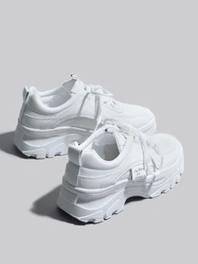 DareSee 女士厚底透气小白运动鞋，时尚百搭休闲运动鞋，白色学生厚底鞋，黑色系带皮革鞋面防水大码女鞋，圣诞节冬季圣诞礼物 - 白色 - 查看 4