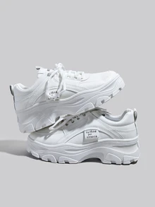 DareSee 女士厚底透气小白运动鞋，时尚百搭休闲运动鞋，白色学生厚底鞋，黑色系带皮革鞋面防水大码女鞋，圣诞节冬季圣诞礼物 - 白色 - 查看 2