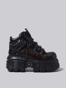 DareSee 哥特赛博朋克风厚底系带高帮休闲复古厚底运动鞋 圣诞节冬季圣诞礼物 - 黑紅 - 查看 9