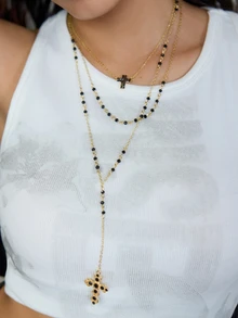 DareSee 3件套黑色念珠十字架项链套装，女士Y型链项链首饰，冬季礼物，音乐节 - 彩色 - 查看 3