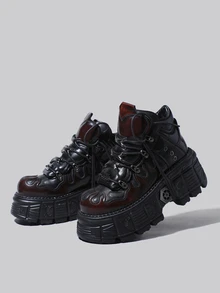 DareSee 哥特赛博朋克风厚底系带高帮休闲复古厚底运动鞋 圣诞节冬季圣诞礼物 - 黑紅 - 查看 8