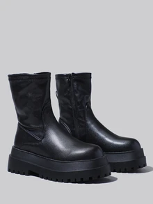 DareSee 女士黑色极简拉链侧靴，圆头厚底中跟马丁靴，搭配黑色连衣裙，圣诞节冬季圣诞礼物 - 黑色 - 查看 6