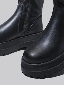 DareSee 女士黑色极简拉链侧靴，圆头厚底中跟马丁靴，搭配黑色连衣裙，圣诞节冬季圣诞礼物 - 黑色 - 查看 8