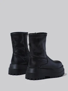 DareSee 女士黑色极简拉链侧靴，圆头厚底中跟马丁靴，搭配黑色连衣裙，圣诞节冬季圣诞礼物 - 黑色 - 查看 7