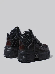 DareSee 哥特赛博朋克风厚底系带高帮休闲复古厚底运动鞋 圣诞节冬季圣诞礼物 - 黑紅 - 查看 11