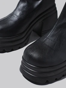 DareSee 女士V型过膝长靴，秋冬新款，弹性鞋面，后拉链，黑色高筒骑马靴，性感粗跟，仿皮外观，圣诞节冬季礼物 - 黑色 - 查看 10