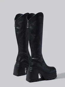 DareSee 女士V型过膝长靴，秋冬新款，弹性鞋面，后拉链，黑色高筒骑马靴，性感粗跟，仿皮外观，圣诞节冬季礼物 - 黑色 - 查看 9
