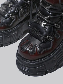 DareSee 哥特赛博朋克风厚底系带高帮休闲复古厚底运动鞋 圣诞节冬季圣诞礼物 - 黑紅 - 查看 12