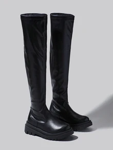 DareSee 女士圆头纯色亮面过膝冬靴，时尚厚底厚跟高筒皮质骑马靴，圣诞节冬季礼物