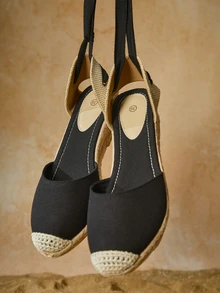 Tropiscape Nuevos zapatos de cuña de esparto para mujer, zapatos de pescador de lona negra con cordones largos, ligeros y cómodos, versátiles, con plataforma antideslizante, regalos de invierno, estilo campestre, atuendo de verano - Negro - Ver 4