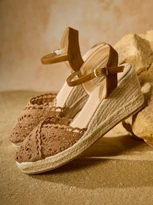 Tropiscape Women's High Heel Wedge Sandals With Thick Bottom, Lace-Up Straps, Silk Ribbon, Woven & Hollow Out Design, Fashionable Fisherman Slippers Winter Gifts - Coffee Brown - View 2