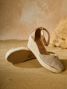 Tropiscape Sandale damă cu toc înalt, pantofi cu platformă și barete țesute, cu vârf închis, tip espadrilă, cadouri de iarnă Cottagecore, ținută de vară - Șampanie - Vizualizare 5