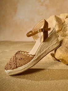 Tropiscape Women's High Heel Wedge Sandals With Thick Bottom, Lace-Up Straps, Silk Ribbon, Woven & Hollow Out Design, Fashionable Fisherman Slippers Winter Gifts - Coffee Brown - View 4