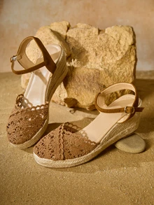 Tropiscape Women's High Heel Wedge Sandals With Thick Bottom, Lace-Up Straps, Silk Ribbon, Woven & Hollow Out Design, Fashionable Fisherman Slippers Winter Gifts - Coffee Brown - View 1