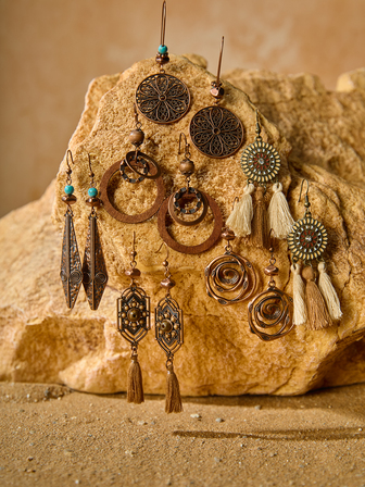 Tropiscape 19件套波西米亚风复古女士耳环套装，手工编织流苏垂坠几何水钻锌合金耳环，多种风格，适合日常、派对和节日佩戴，是圣诞节和冬季圣诞节的理想礼物。