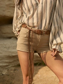 Tropiscape 1条女士咖啡色波西米亚铆钉腰带，PU材质，适合万圣节、情人节、夏季、秋季、万圣节、冬季等场合。 - 咖啡 - 查看 3