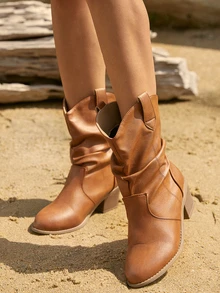 Tropiscape 褶皱女士踝靴，西部风格高跟靴，粗跟，百搭圣诞冬季礼物 - 駝色 - 查看 1