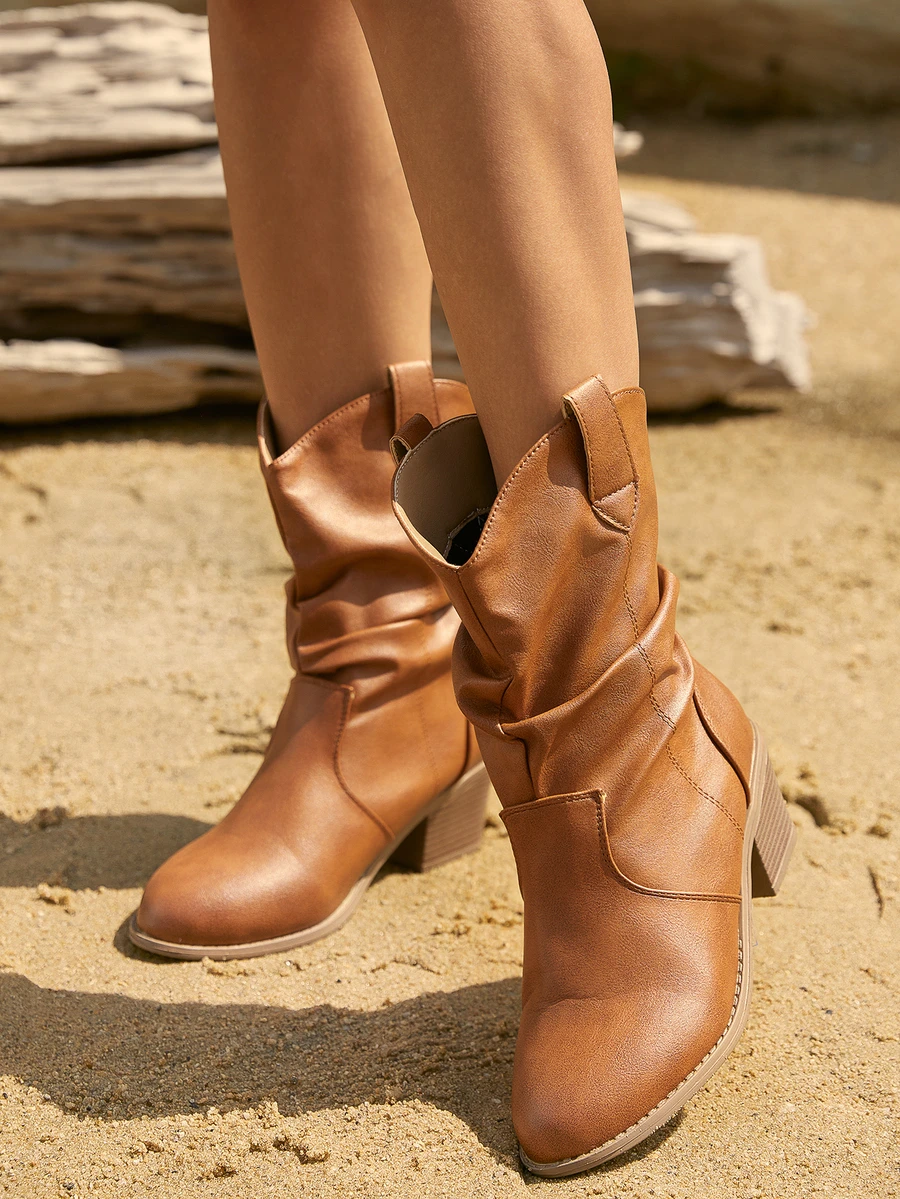 Tropiscape 褶皱女士踝靴，西部风格高跟靴，粗跟，百搭圣诞冬季礼物 - 駝色 - 查看 1