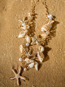 Tropiscape 1件海洋沙滩贝壳串珠项链，波西米亚风海滨项链，适合女士/女孩，可用于沙滩派对、度假、休闲、百搭场合，性感仿珍珠贝壳项链，女士珠宝冬季礼物，田园风，夏季穿搭 - 彩色 - 查看 1