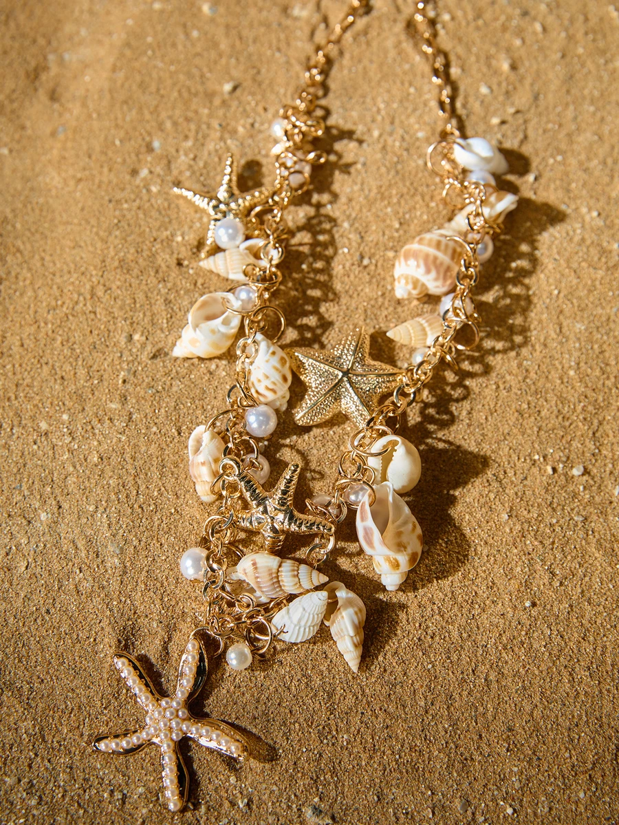 Tropiscape 1件海洋沙滩贝壳串珠项链，波西米亚风海滨项链，适合女士/女孩，可用于沙滩派对、度假、休闲、百搭场合，性感仿珍珠贝壳项链，女士珠宝冬季礼物，田园风，夏季穿搭 - 彩色 - 查看 1