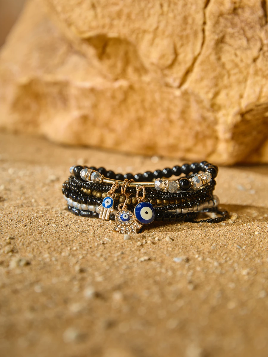 Tropiscape 3件套恶魔之眼造型玻璃珠吊坠和黑色串珠手链套装 圣诞礼物 - 彩色 - 查看 1